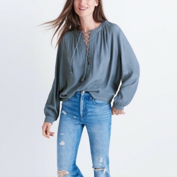 Madewell Women's Blue Boho Top Peasant Long Sleeve Blouse - Picture 1 of 9